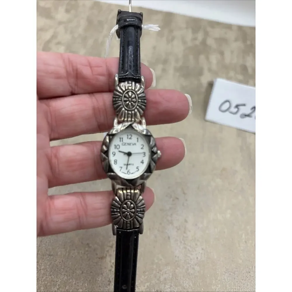 Vintage Design Geneva Southwestern Floral Women’s Watch W/Black Strap 8.5” Works